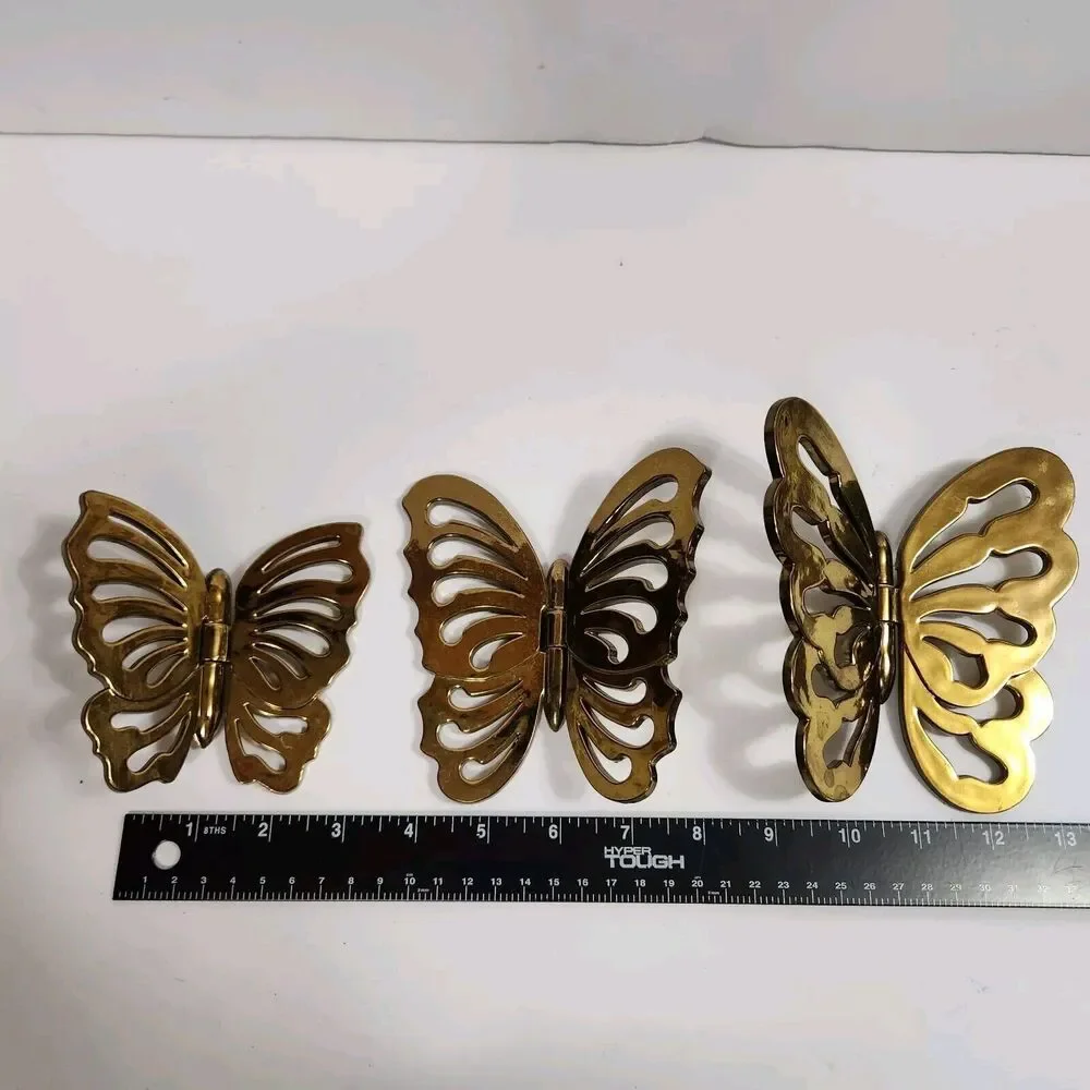 Set Of 3 Gold Toned Hinged Plastic Movable Butterflies  Wall Hanging Decor